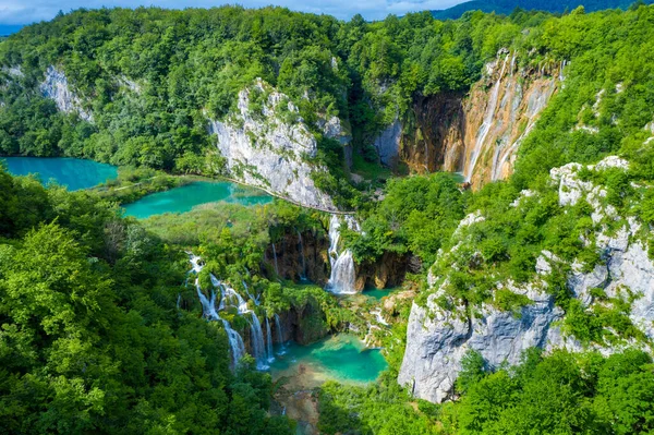 Vue Aérienne Des Cascades Sur Parc National Des Lacs Plitvice — Photo