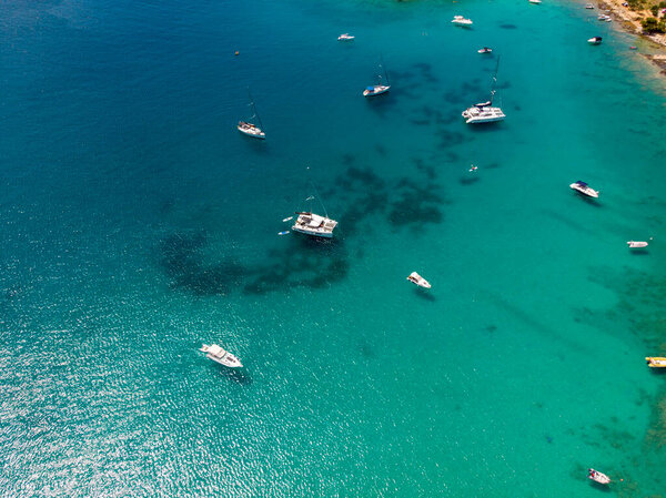 Aerial scene of Kosirina beach and camp on Murter island in Adriatic Sea, Croatia