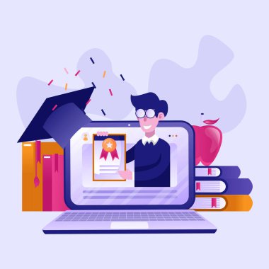 Online eğitim ve mezuniyet. Çevrimiçi öğretmen bilgisayar ekranında. Webinar ve video semineri öğrenme vektörü kavramı