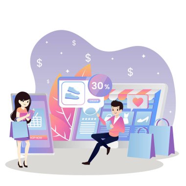 Küçük insanlar akıllı telefonlarıyla online alışveriş yapıyor. Mobil tabanlı pazar yeri, mobil e-market uygulaması, çevrimiçi e-ticaret pazar kavramı.