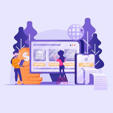 Düz çizim, küçük bir çizim. İnternet üzerinden para aktaran ve yatıran ortalama bir insanın karakteriyle dijital işlemler. Çevrimiçi ödeme işlemleri, nakit ödeme konseptleri ve diğer