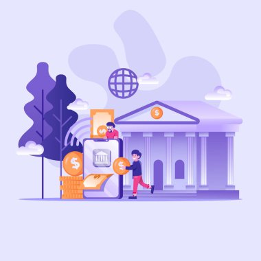 Düz çizim, küçük bir çizim. İnternet üzerinden para aktaran ve yatıran ortalama bir insanın karakteriyle dijital işlemler. Çevrimiçi ödeme işlemleri, nakit ödeme konseptleri ve diğer