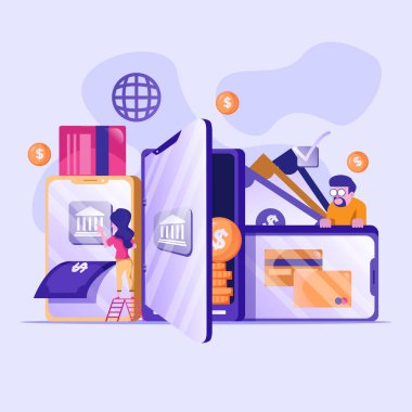 Düz çizim, küçük bir çizim. İnternet üzerinden para aktaran ve yatıran ortalama bir insanın karakteriyle dijital işlemler. Çevrimiçi ödeme işlemleri, nakit ödeme konseptleri ve diğer