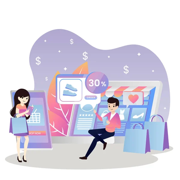 Apró emberek vásárlók online vásárlás okostelefonnal. Mobil piactér, mobil e-shop alkalmazás, online e-commerce piactér koncepció. — Stock Vector