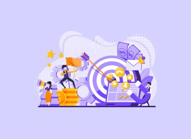 İş stratejisi, iş hedefleri ve planı, iş başarısı ve başarılı gelişme. Küçük insanlarla izole edilmiş konsept çizimi.