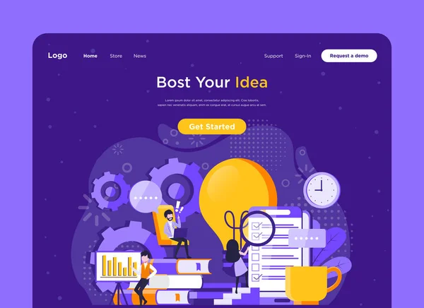 Brainstorm landing page website template. Group of employees suggesting new creative ideas while working on business project or startup — Stock Vector
