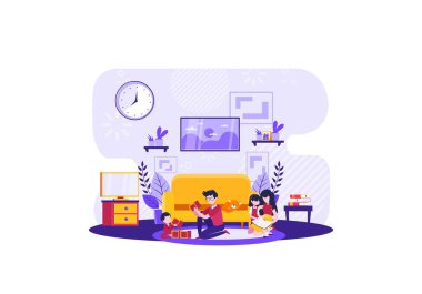 Küçük insanlar çiziyor, oturma odasında çocuklarıyla oynayan bir aile.