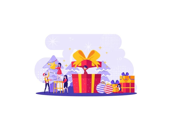 Az emberek díszítik a karácsonyfát, és a gyerekek kinyitják karácsonyi ajándékaikat — Stock Vector