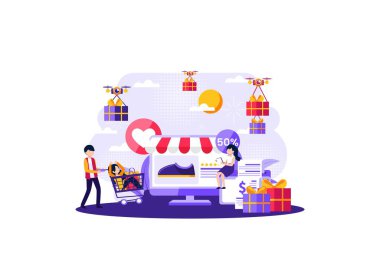 Çevrimiçi alışveriş ve Mobil Uygulama Vektörü Konsepti üzerinde inceleme. Vektör illüstrasyonu