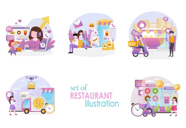 Une collection d'illustrations de petites personnes avec le thème de la commande de nourriture à travers l'application de restaurant pour faciliter la commande de nourriture de partout et à tout moment — Image vectorielle