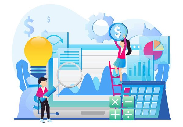 Иллюстрация крошечных людей, продвижение бизнеса, взлет по карьерной лестнице, анализ данных и вектор инфографики инвестиций