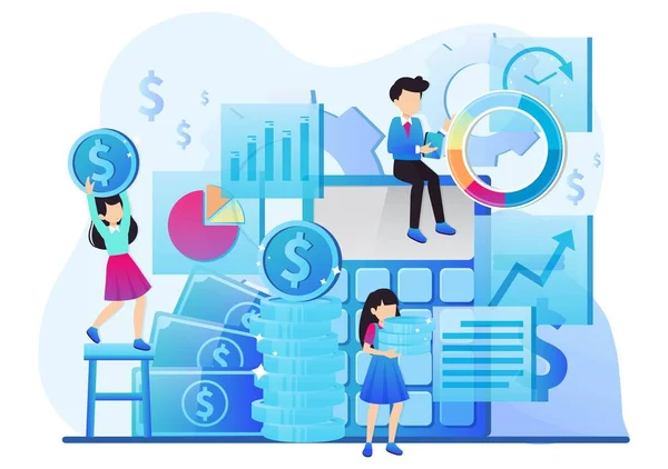 Finanční hodnota zůstatku, koncepce řízení a správy. Charakteristiky, lidé vymýšlejí plán. Statistické, výpočet finančního rizika graf. Malí lidé ilustrace — Stockový vektor