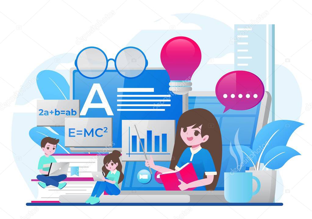 E-learning banner. Online education, home schooling. Display with open textbook. Group of various students learning. Web courses, tutorials.