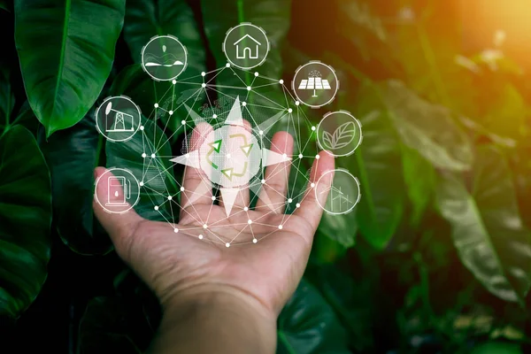 Technologia Trzymanie Rękę Ikonami Środowiska Przez Połączenie Sieciowe Zielonym Tle — Zdjęcie stockowe