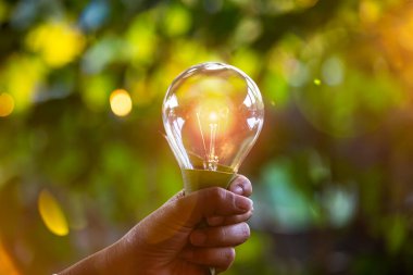 Doğaya karşı el ele tutuşan ampul, yenilenebilir enerji kaynakları için simgeler,