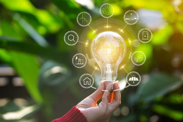 Hand Hält Glühbirne Gegen Die Natur Symbole Energiequellen Für Erneuerbare — Stockfoto