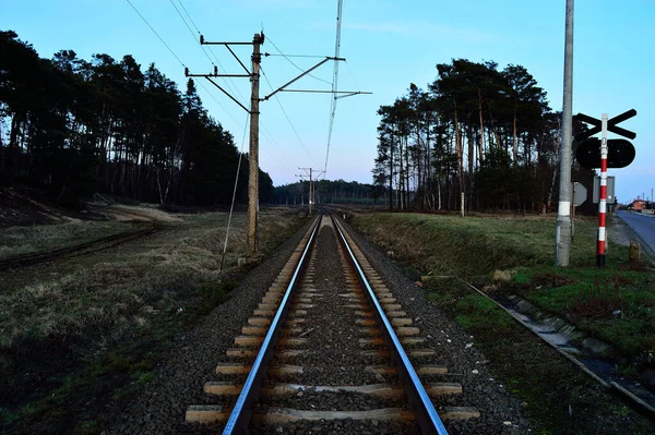 Infraestructura Ferroviaria Día Verano Pistas Rieles Alambres Semáforos —  Fotos de Stock