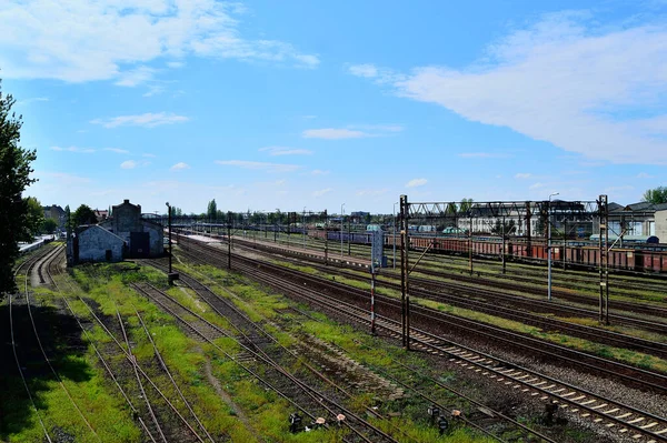 Bir Yaz Gününde Demiryolu Altyapısı Zler Raylar Kablolar Semaforlar — Stok fotoğraf
