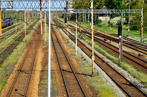 Infraestrutura Ferroviária Dia Verão Faixas Carris Fios Semáforos — Fotografia de Stock