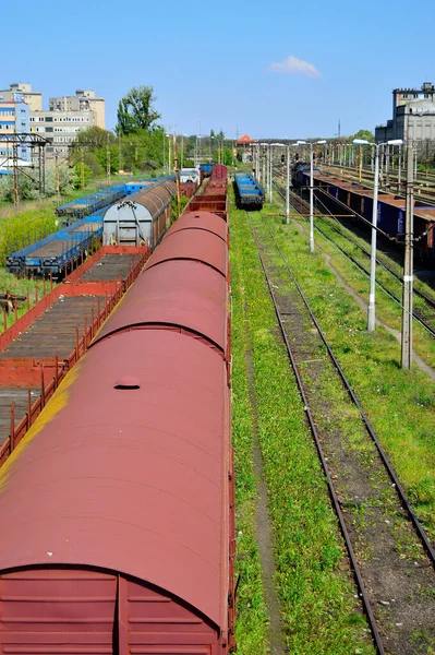 Železniční Vozy Nákladem Kolejích Železniční Infrastruktura Kolejnice Sloupy Trakce — Stock fotografie