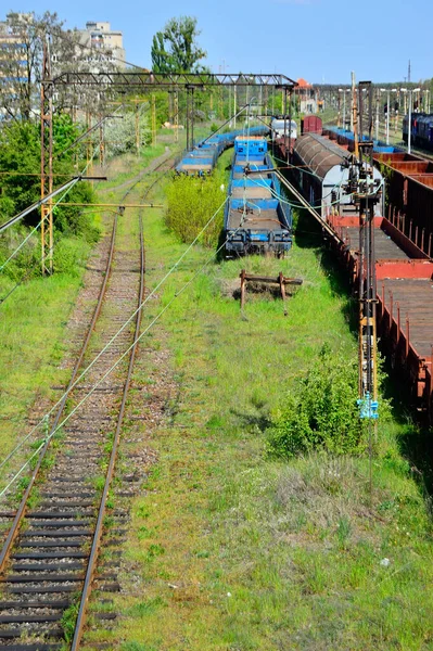 Infrastrutture Ferroviarie Una Giornata Estiva Tracce Rotaie Fili Semafori — Foto Stock