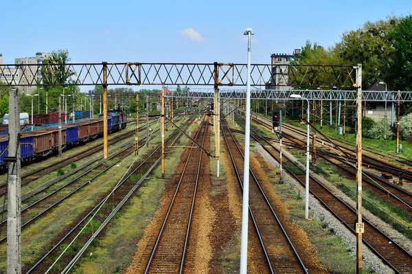 Železniční Infrastruktura Letní Den Kolejnice Kolejnice Dráty Semafory — Stock fotografie