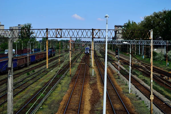 Železniční Infrastruktura Letní Den Kolejnice Kolejnice Dráty Semafory — Stock fotografie