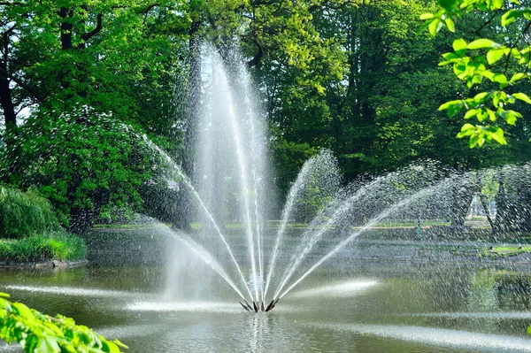 Fontanna Tryskająca Wodą Nad Jeziorem Tle Zielonych Drzew — Zdjęcie stockowe