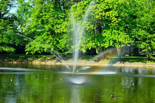 Fontána Tekoucí Vodu Přes Jezero Pozadí Zelených Stromů — Stock fotografie