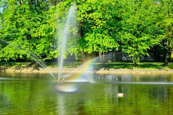 Fontána Tekoucí Vodu Přes Jezero Pozadí Zelených Stromů — Stock fotografie