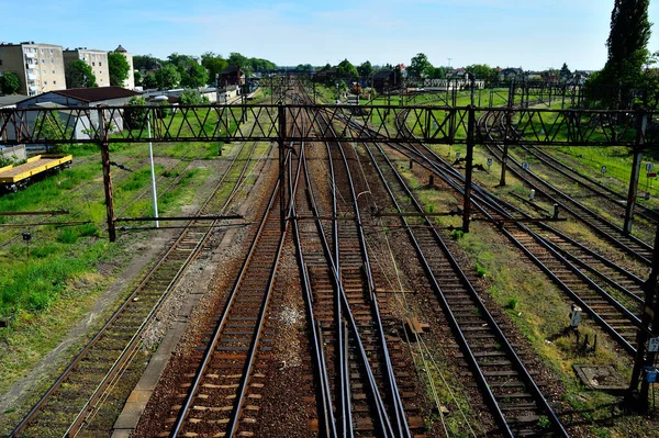Eisenbahninfrastruktur Einem Sommertag Gleise Schienen Drähte Und Schwellen — Stockfoto