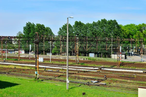 Eisenbahninfrastruktur Einem Sommertag Gleise Schienen Drähte Und Schwellen — Stockfoto