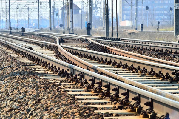 Železniční Výhybky Lokomotiva Koleje Návrh Napájecího Zdroje Vlaku Jaro — Stock fotografie