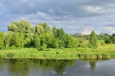 Bulutlu bir günde nehir kıvrılır, gökyüzünde bulutlar. Yaz.