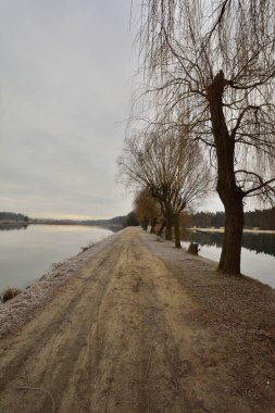Geçit, soğuk bir sonbahar sabahında kasvetli bir sabahta göletin kıyısını nehirden ayırır. Soğuk.