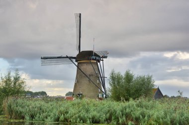 Hollanda 'da bulutlu bir yaz gününde Kinderdijk' te yel değirmenleri. Yaz.