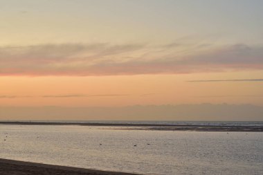 Hafif bulutlu bir günde, renkli bir günbatımında deniz kıyısında. Yaz.