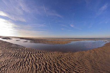 Güneşli bir günde deniz kıyısı alçak akıntıda. Yaz.
