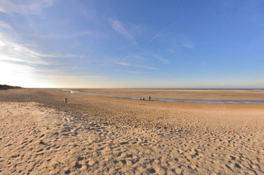 Balık gözü objektifinde güneşli bir günde sahil ve deniz kıyısı. Bahar.
