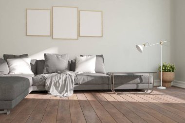 Kanepe, yastık, ekose, lamba ve bitki iç tasarımlı modern oda. 3B illüstrasyon