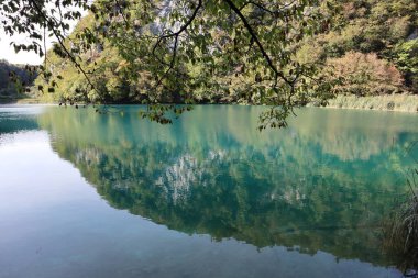 Çamurlu yamaç ve gökyüzü gölün turkuaz suyuna, Plitvice Gölleri Ulusal Parkı 'na, dağların manzarasına ve sessiz bir sonbahar gününde kayaları, ağaçları ve gökyüzünü yansıtan şeffaf sakin göle yansıyor.