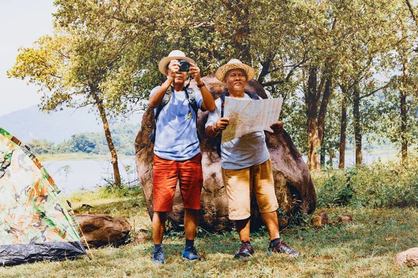 Campers Happy Natural Sites Forests Mountains Rivers Tourists Two Elderly — Stock Photo, Image