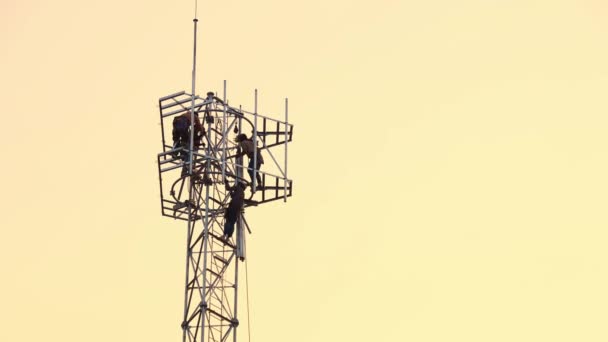 Trabalho Equipe Trabalhadores Sexo Masculino Construindo Pólo Telecomunicações Torre Alta — Vídeo de Stock