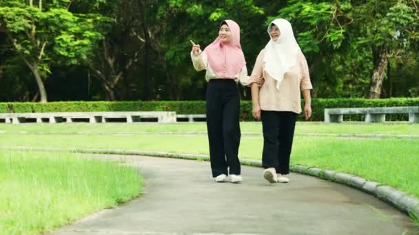 Mãe Muçulmana Filha Casal Andar Mãos Dadas Parque Descansar Relaxar — Vídeo de Stock