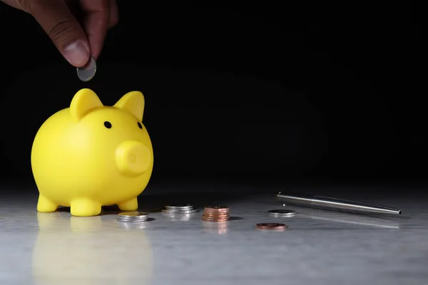 Yellow pig piggy bank is saving with coin money placed on the table (financial planning concept)