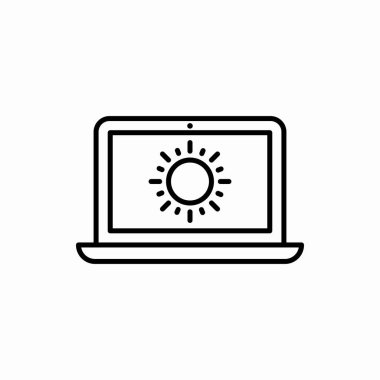 Güneş ikonlu ana hatlı dizüstü bilgisayar. Güneş vektörü resimli dizüstü bilgisayar. Web ve mobil için sembol