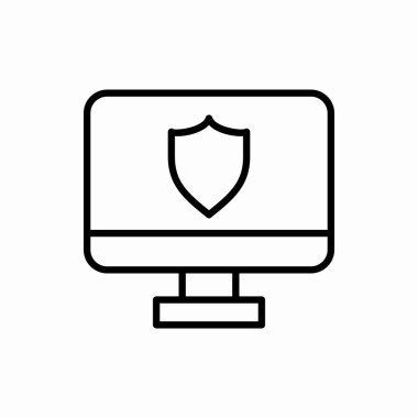 Kalkan simgesi ile ana hatlı monitör. Kalkan vektör illüstrasyonlu monitör. Web ve mobil için sembol