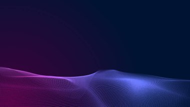 Nokta mavi mor dalga çizgisi, ışık eğimli koyu arkaplan. Soyut teknoloji büyük veri dijital arkaplanı. 3d oluşturma.