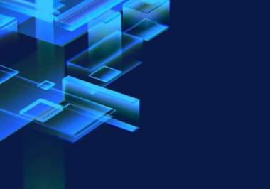 Siber mavi izometrik neon şehir sanal gerçeklik arka planı. Soyut teknoloji yeniliği gelecekteki dijital arka plan. 3d oluşturma.