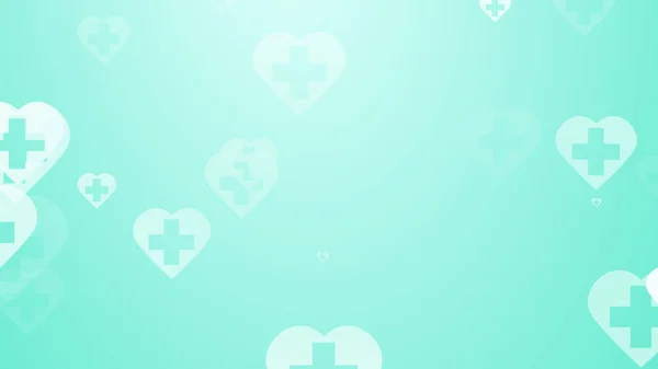 Medical health green blue cross on hearts pattern background. Abstract healthcare technology and science concept.